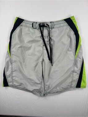 Body Glove Men's Gray Swim Trunks with Black & Lime Green Panels